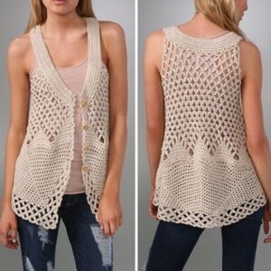 Free People Tan Crochet Sweater Top Vest with Gold Buttons Size Medium
